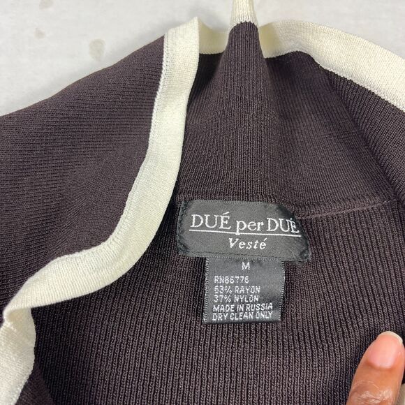 Due Per Due Veste Cardigan Sweater Brown Cream Contrast Trim Work Classic MEDIUM - Picture 4 of 9